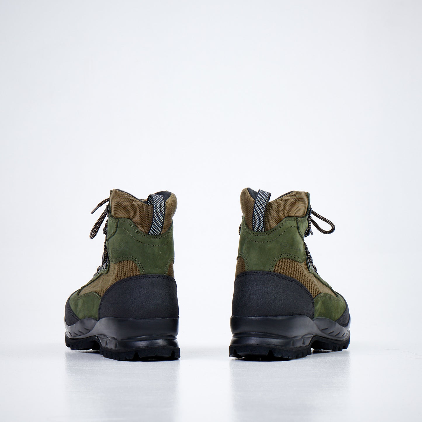 Samelin green and brown hiking boots, waterproof hiking boots rear view pair with ankle support and lug soles