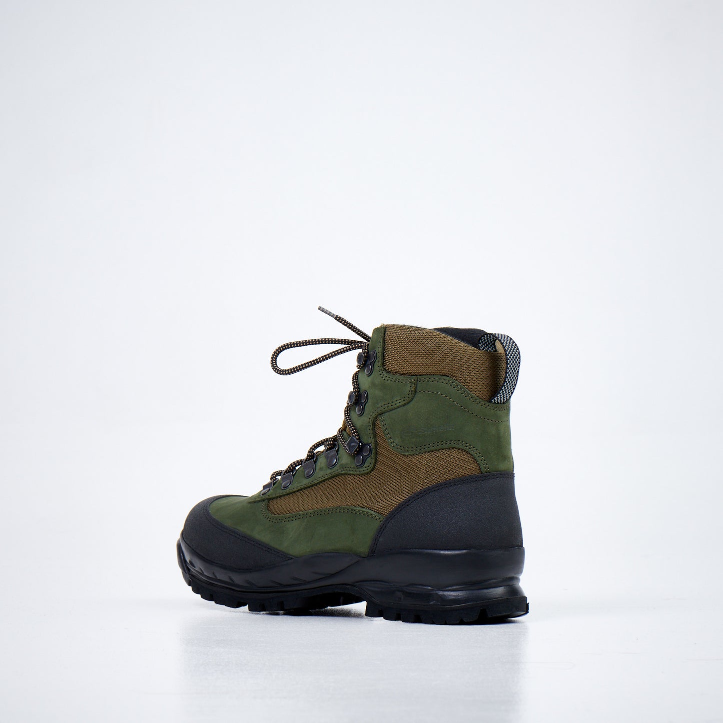 Samelin green and brown ankle hiking boot side view with lug sole and lace closure hiking boots, waterproof hiking boots