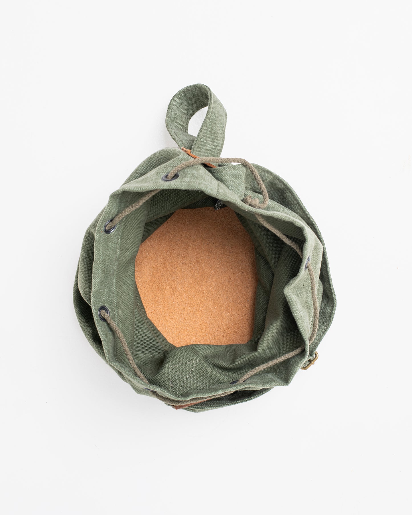 Stylish everyday backpack in olive green with a spacious interior and drawstring closure