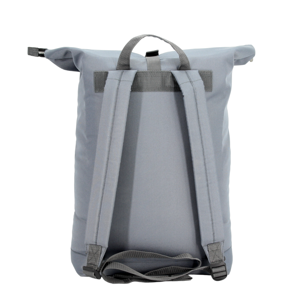 Noel durable everyday backpack in gray with padded adjustable straps and roll-top closure