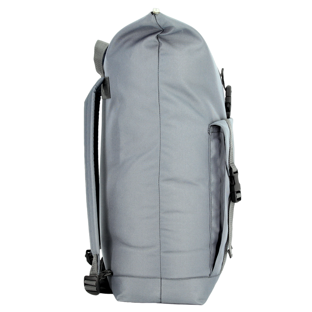 Side view of the durable everyday backpack in gray with adjustable straps and spacious compartments