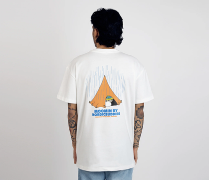 Moomin by NordicBuddies adventure t-shirt white featuring a colorful tent design on the back