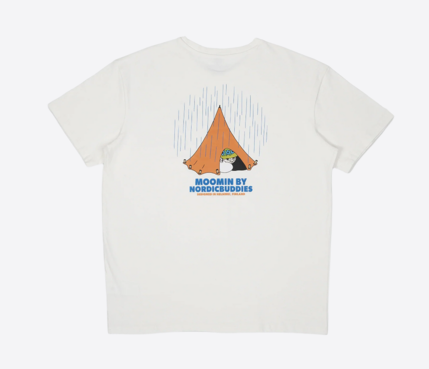 Moomin by NordicBuddies adventure t-shirt white featuring a cute camping design with a tent and character