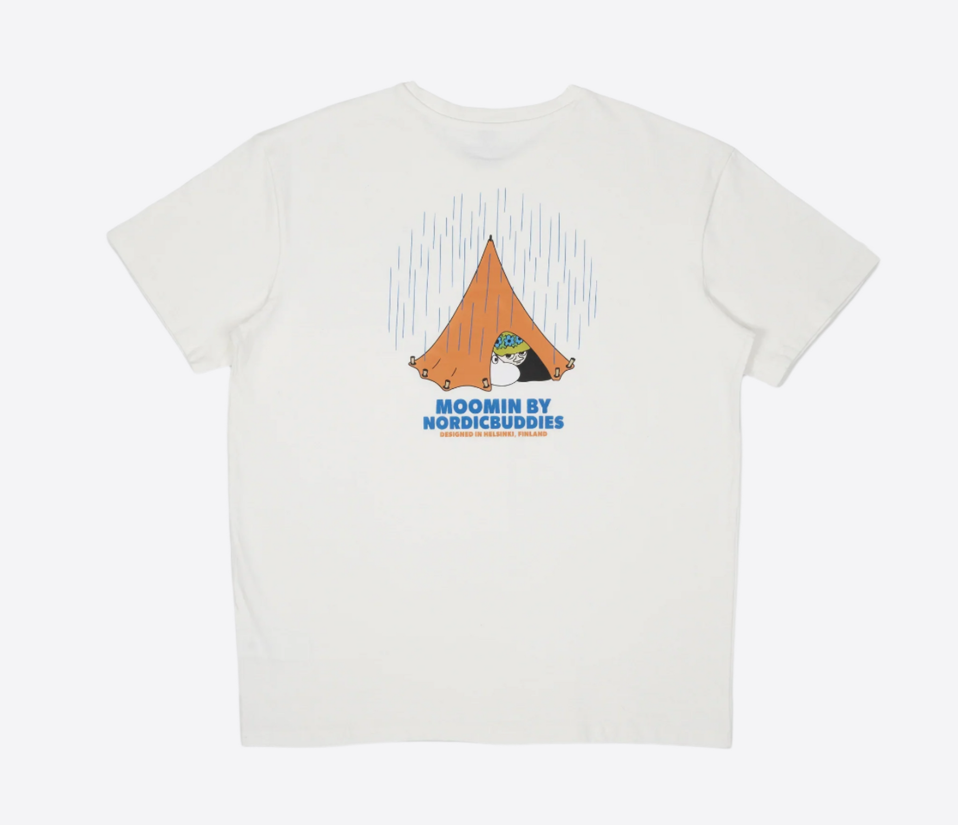 Moomin by NordicBuddies adventure t-shirt white featuring a cute camping design with a tent and character