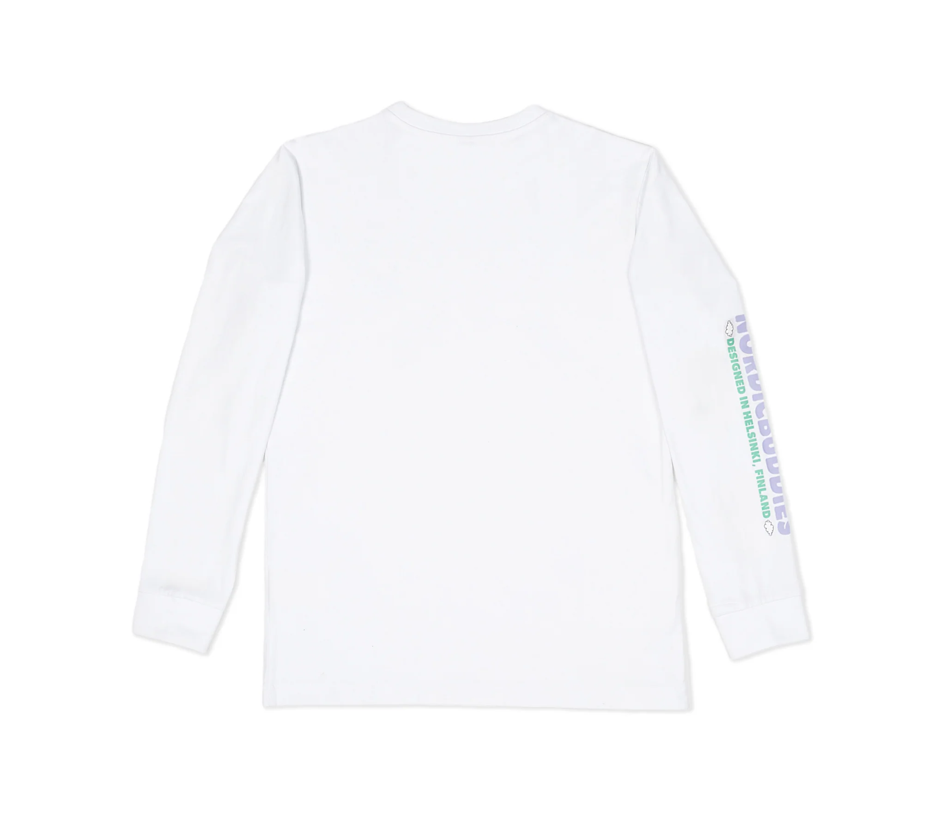 Back view of Moomintroll adventure long sleeves t-shirt in white with colorful printed details
