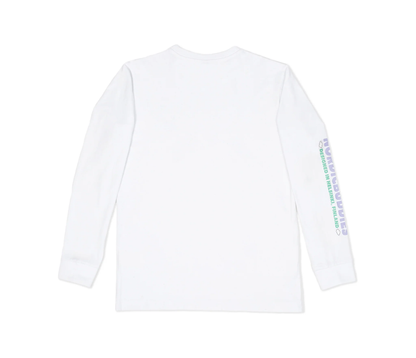 Back view of Moomintroll adventure long sleeves t-shirt in white with colorful printed details