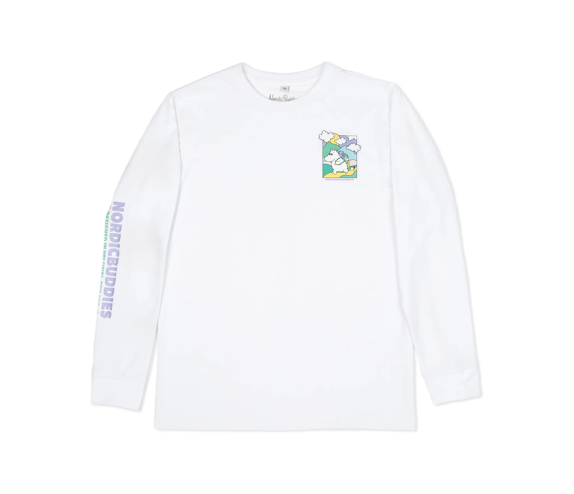 Moomintroll adventure long sleeves t-shirt in white with colorful graphic print on chest and sleeve