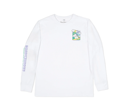 Moomintroll adventure long sleeves t-shirt in white with colorful graphic print on chest and sleeve