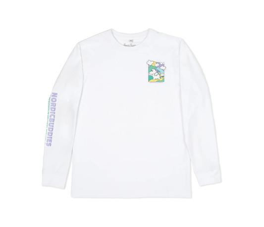 Moomintroll adventure long sleeves t-shirt in white with colorful graphic print on chest and sleeve