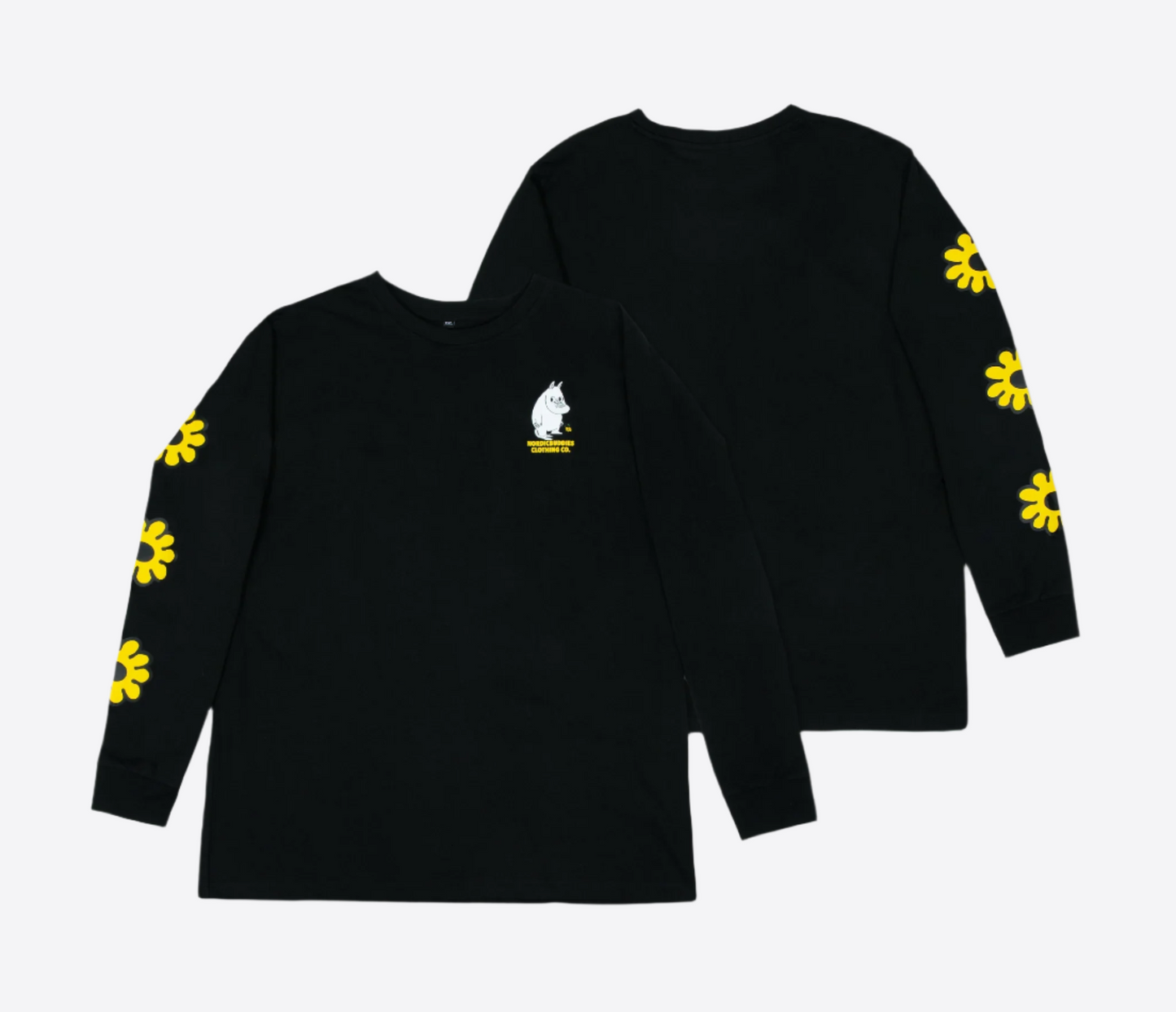 Moomintroll flower long sleeve shirt in black featuring vibrant yellow flower designs on sleeves