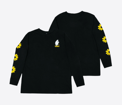 Moomintroll flower long sleeve shirt in black featuring vibrant yellow flower designs on sleeves