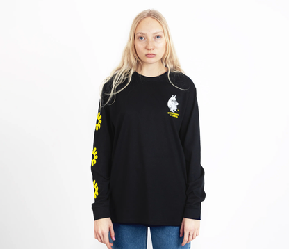 Moomintroll flower long sleeve shirt in black featuring Moomin design and floral graphics on sleeves