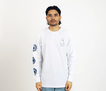 Moomintroll flower long sleeve t-shirt in white with blue flower designs on sleeves for casual wear