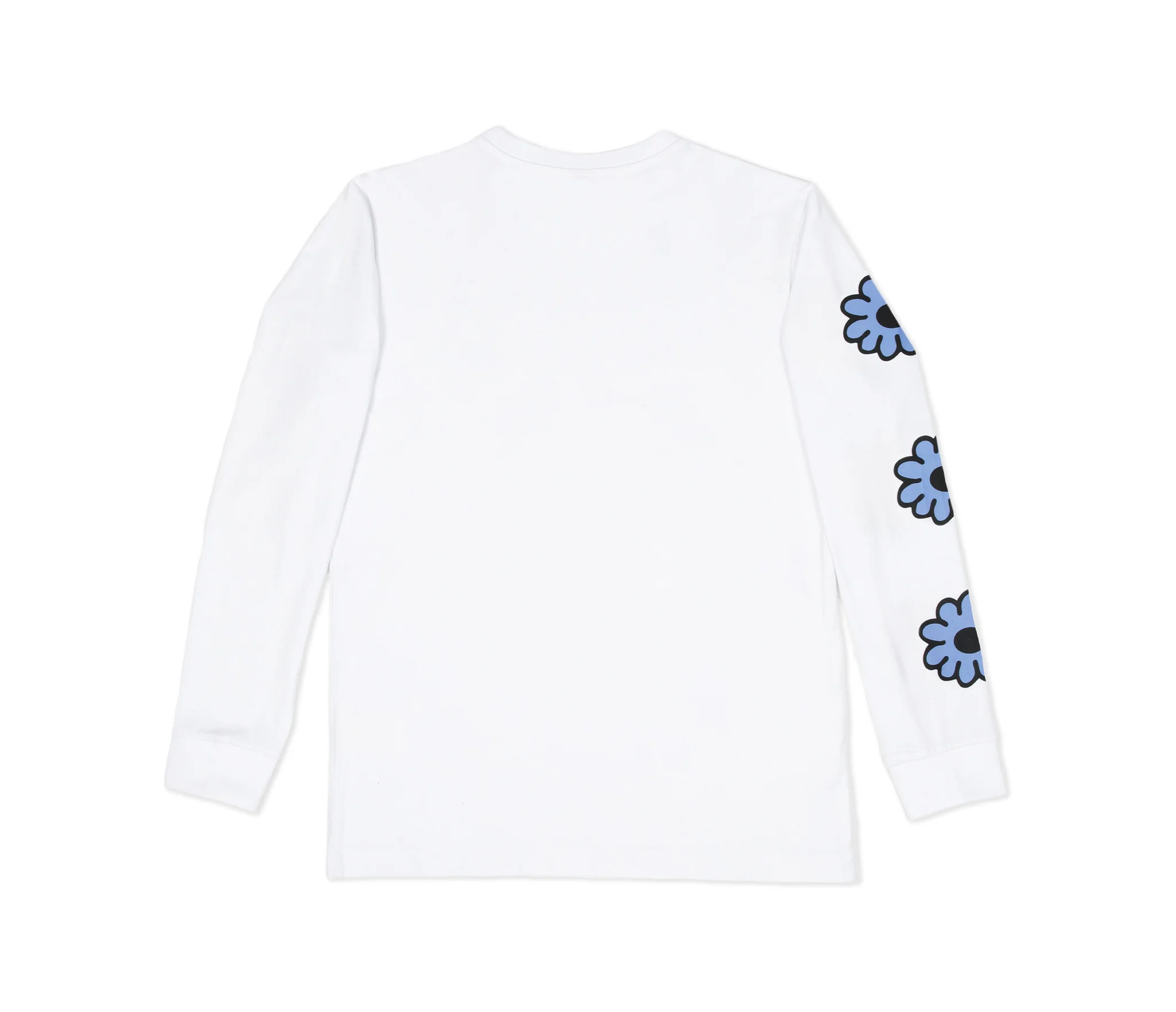 Back view of Moomintroll flower long sleeve t-shirt featuring blue flower designs on sleeves