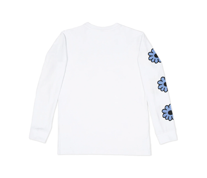 Back view of Moomintroll flower long sleeve t-shirt featuring blue flower designs on sleeves