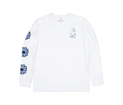 Moomintroll flower long sleeve t-shirt featuring a whimsical design with blue flowers on sleeves