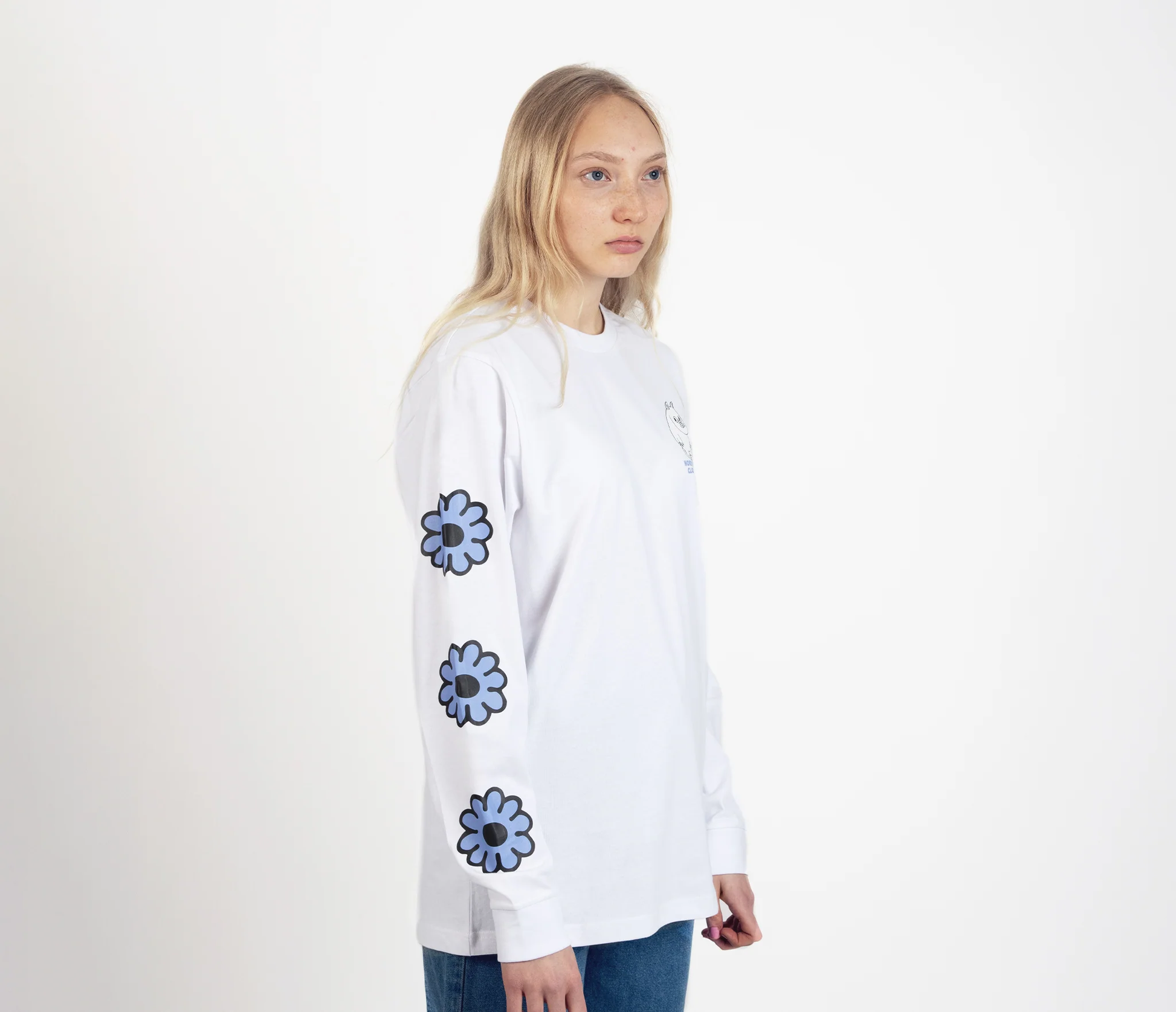 Moomintroll flower long sleeve t-shirt in white with floral designs on sleeves for a stylish look