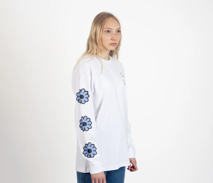 Moomintroll flower long sleeve t-shirt in white with floral designs on sleeves for a stylish look