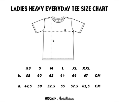 Moomintroll flower women's t-shirt size chart for perfect fit in various sizes
