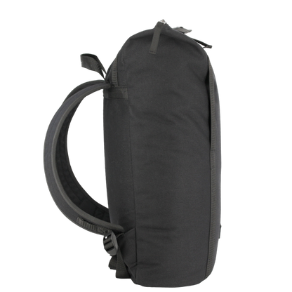 Side view of a black backpack with G-Hook showcasing a sleek and minimalist design