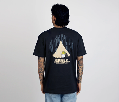 Moomin by NordicBuddies adventure t-shirt dark blue with tent and Moomin character design on the back