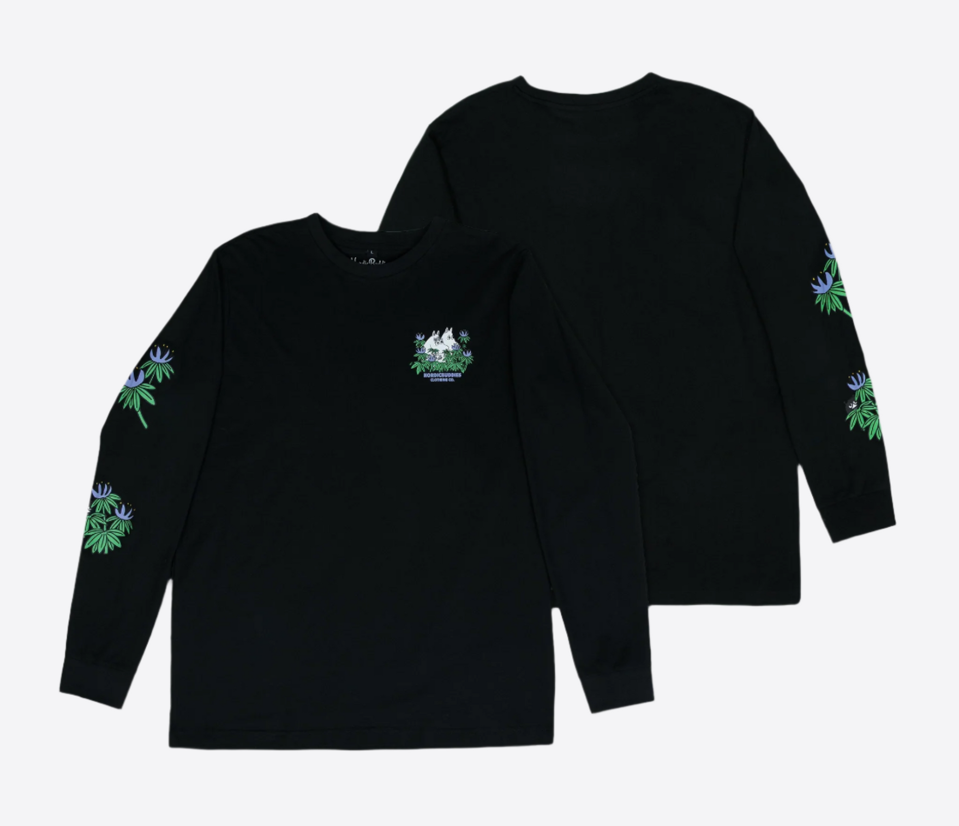 Black hide and seek long sleeves moomintroll t-shirt by Moomin with floral sleeve designs