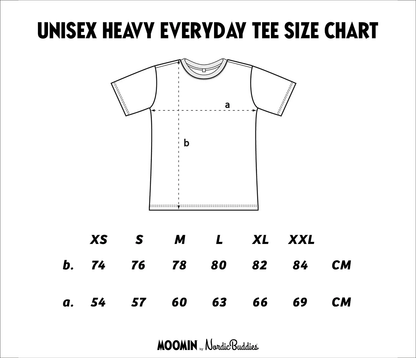 Unisex heavy everyday tee size chart with measurements for Stinky Plotting T-Shirt Beige by Moomin NordicBuddies