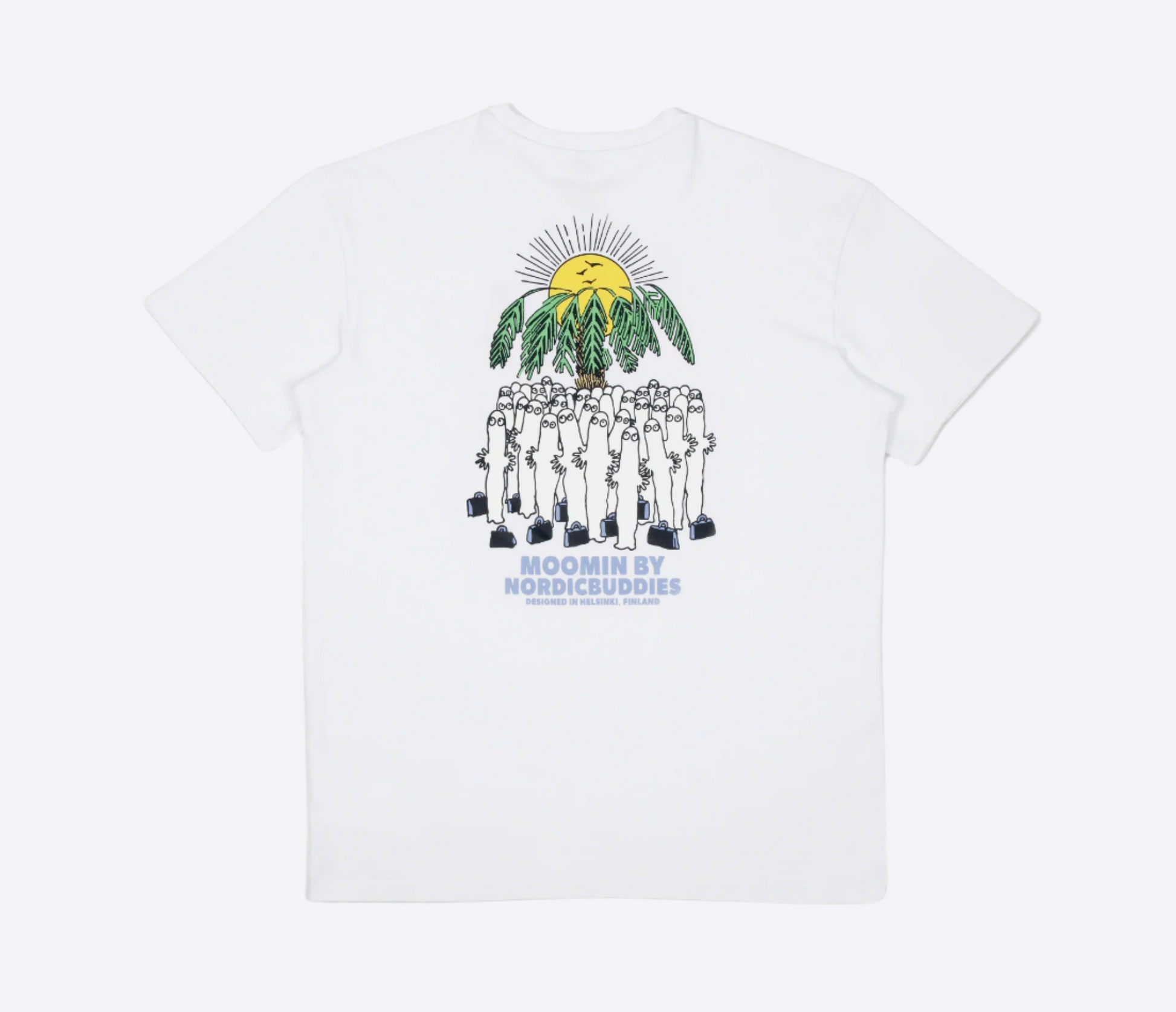 Moomin by NordicBuddies white surf trip t-shirt with vibrant graphic design featuring sun and characters