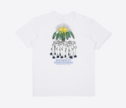 Moomin by NordicBuddies white surf trip t-shirt with vibrant graphic design featuring sun and characters