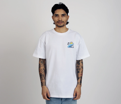 White surf trip t-shirt by Moomin featuring colorful graphic on chest for casual beachwear