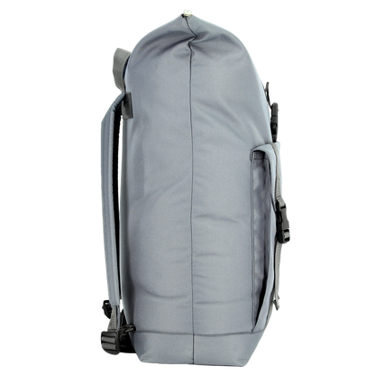 Side view of the durable everyday backpack in gray with adjustable straps and spacious compartments